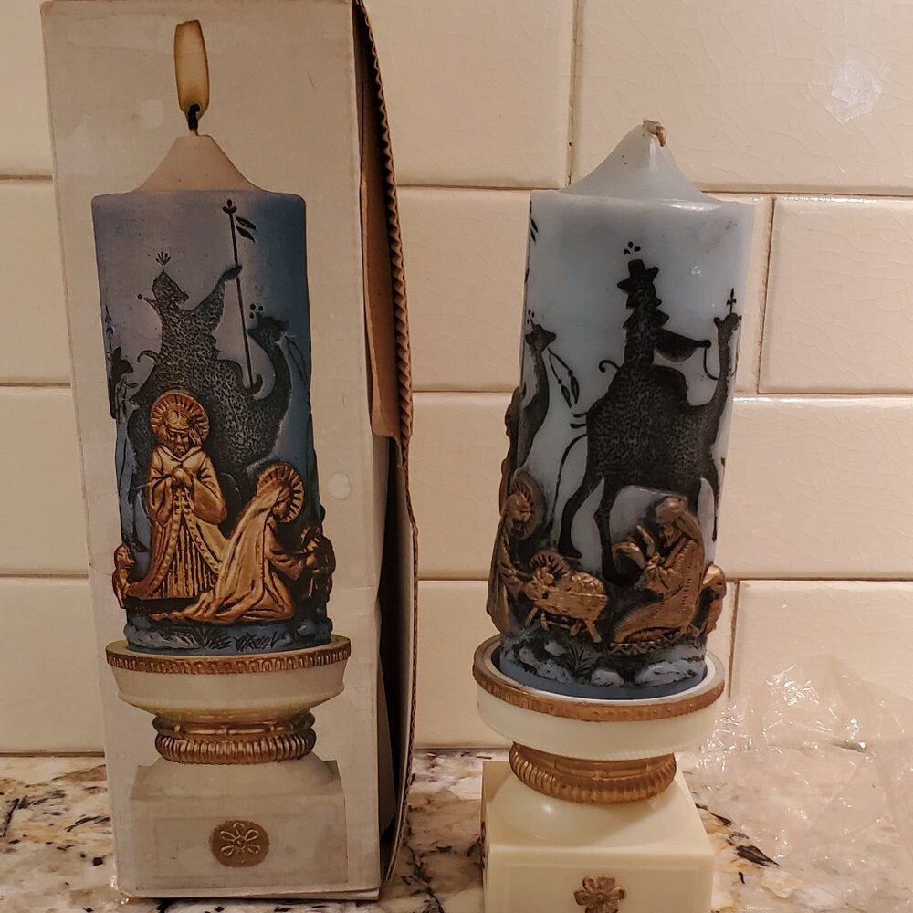 Avon Vintage Nativity Christmas Adoration Candle & Holder Mary Joseph Baby Jesus